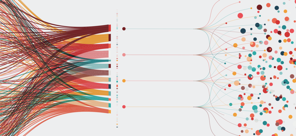 Structured Data vs. Unstructured Data - colored lines on the left, colored dots on the right
