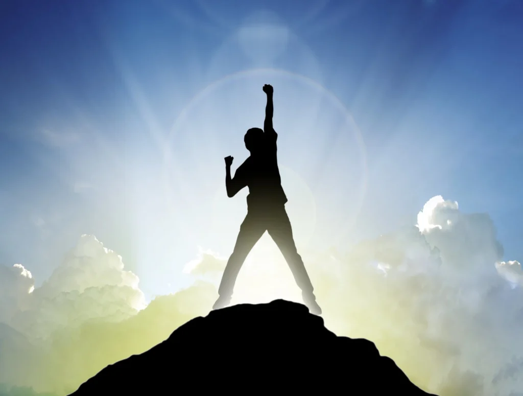 a shadowy image of a person raising a fist on top of a hill - signifying success