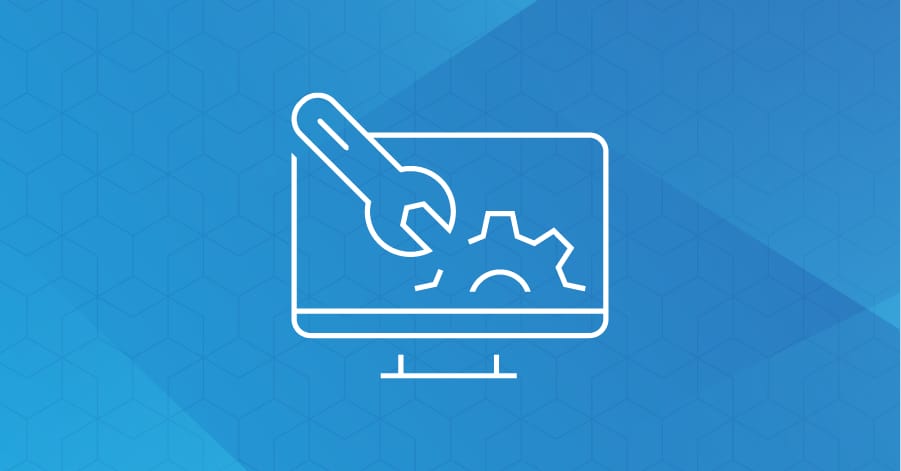 a blue graphic of a wrench connected to a gear on a laptop screen