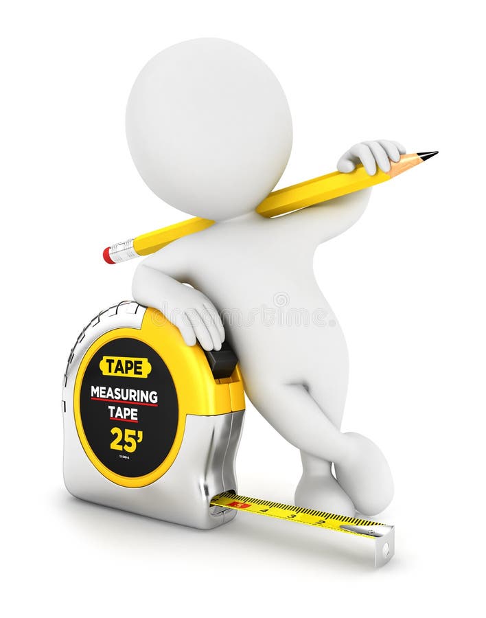 A white 3D rendered human figure sits holding construction tools against a white background. The figure has a yellow pencil positioned across its shoulders and neck, while holding a yellow and black measuring tape in one hand. The measuring tape shows '25'' on its face and has yellow measuring tape extended from it. The pose suggests someone taking measurements or engaged in construction, carpentry, or design work. The image conceptually represents planning, measurement, precision, or skilled trades work.
