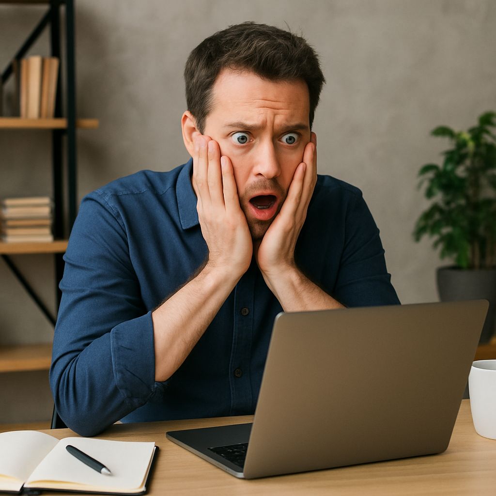 A medium shot of a man sitting at a wooden desk, looking at a laptop with a wide-eyed, shocked, and panicked facial expression. His mouth is open in a gasp, and both of his hands are pressed against his cheeks. He is wearing a dark blue button-down shirt. On the desk, there is an open laptop, a white mug, and an open notebook with a pen resting on it. The background shows a blurred room with a wooden bookshelf and a potted plant against a textured gray wall.