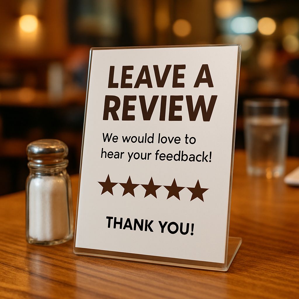 A close-up shot of a white acrylic sign in a clear stand on a wooden restaurant table. The sign reads "LEAVE A REVIEW" in large brown text, followed by "We would love to hear your feedback!" in smaller black text. Below the text are five brown stars, and at the bottom, it says "THANK YOU!". To the left of the sign is a glass salt shaker with a metal lid. The background is a softly blurred, warm-toned restaurant interior with a glass of water on the right.