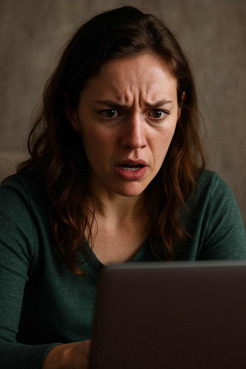 A young woman staring at a laptop screen with a shocked and angry expression.